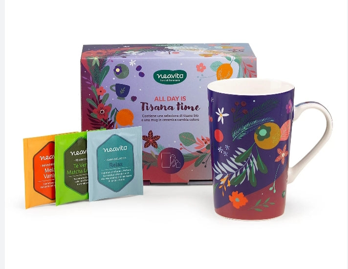 Neavita "All Day is"  Tisana Time cofanetto con tazza Mug  cambia colore e selezione di tisane in  filtro bio